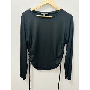 StretchTheRules Black Ribbed Long Sleeve Cinch Side Ruched Top Large